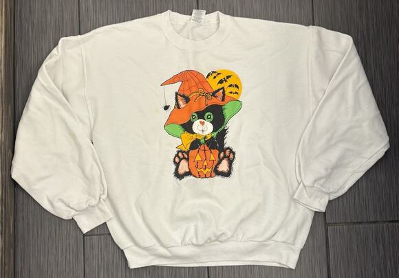 JERZEES Tops - Vintage Cat Halloween Crew Neck Sweatshirt Women’s Large White Fun